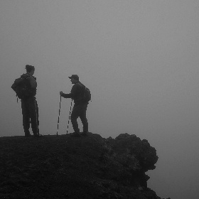 Hikers in fog